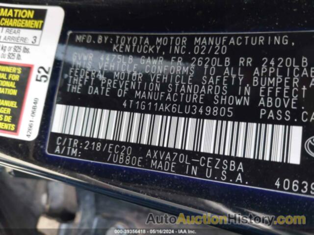 TOYOTA CAMRY SE NIGHTSHADE EDITION, 4T1G11AK6LU349805