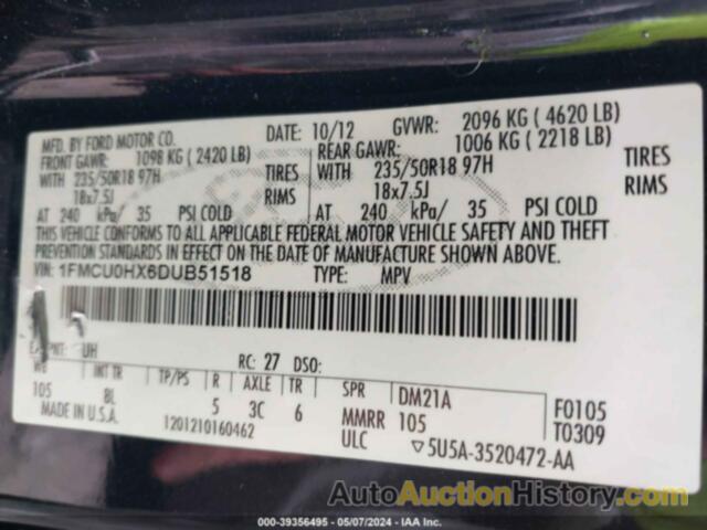 FORD ESCAPE SEL, 1FMCU0HX6DUB51518