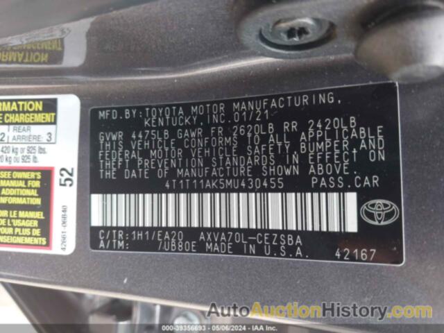 TOYOTA CAMRY SE, 4T1T11AK5MU430455