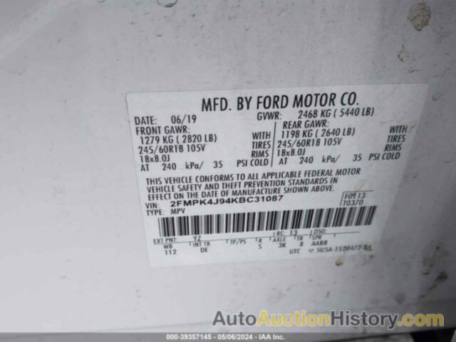 FORD EDGE SEL, 2FMPK4J94KBC31087