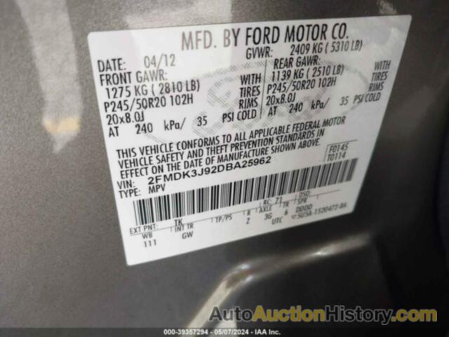 FORD EDGE SEL, 2FMDK3J92DBA25962