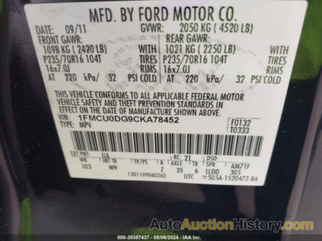 FORD ESCAPE XLT, 1FMCU0DG9CKA78452