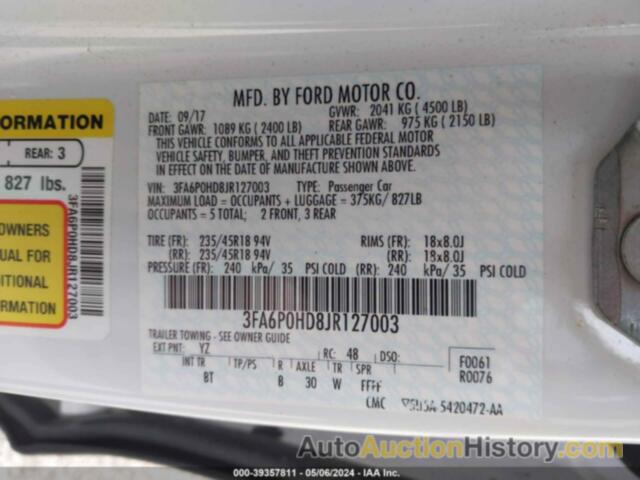 FORD FUSION SE, 3FA6P0HD8JR127003