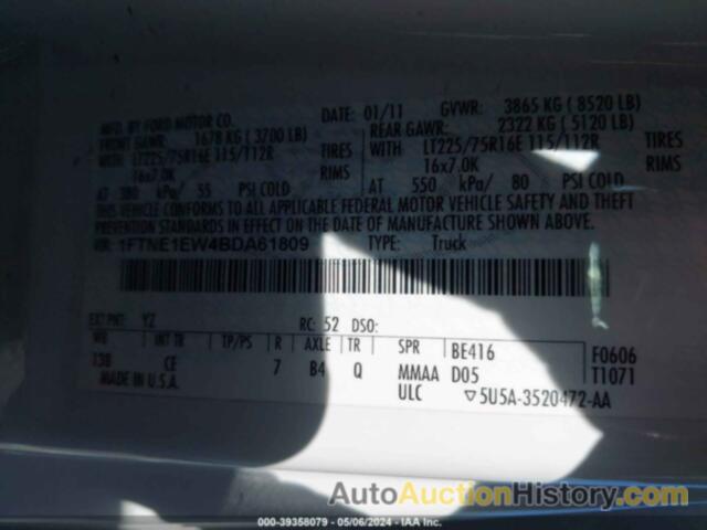 FORD E-150 COMMERCIAL, 1FTNE1EW4BDA61809