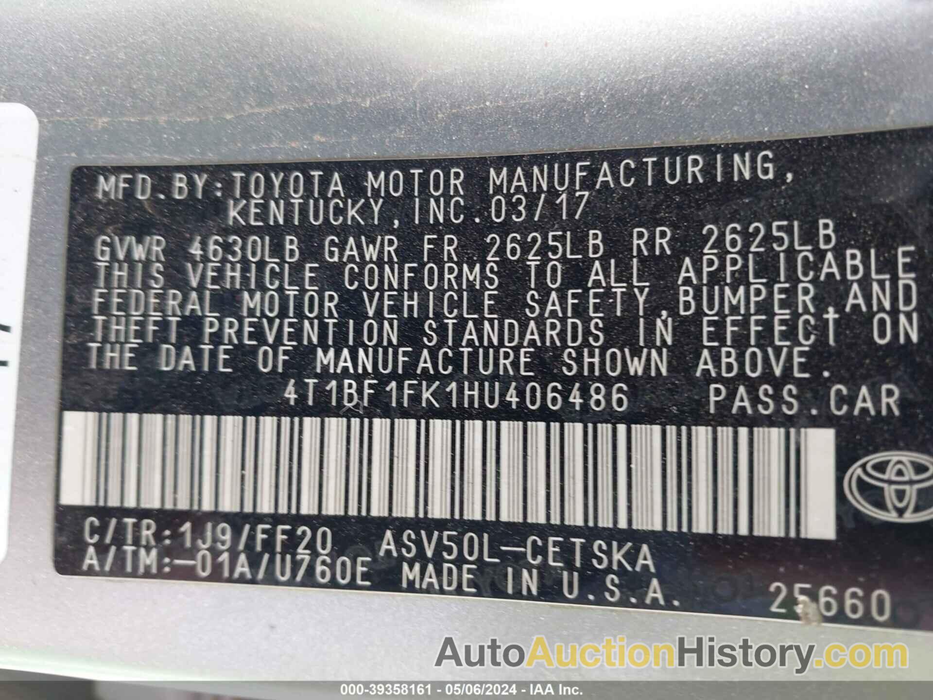 TOYOTA CAMRY SE, 4T1BF1FK1HU406486