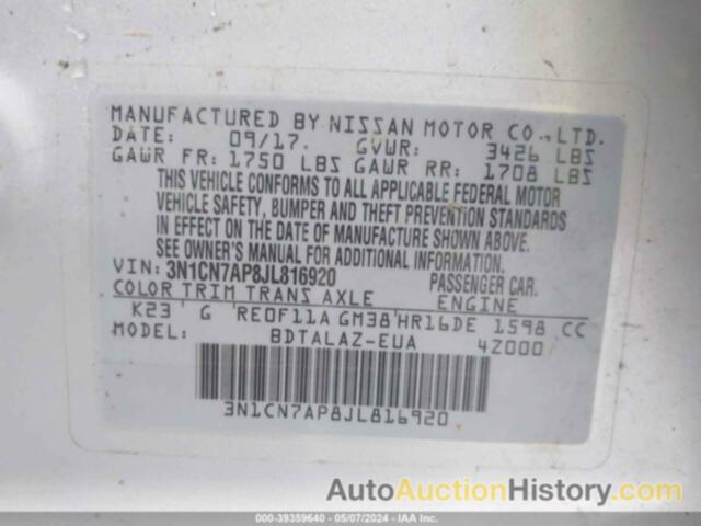 NISSAN VERSA 1.6 S+, 3N1CN7AP8JL816920