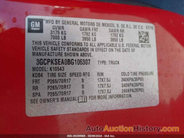 CHEVROLET SILVERADO 1500 LT, 3GCPKSEA0BG106307