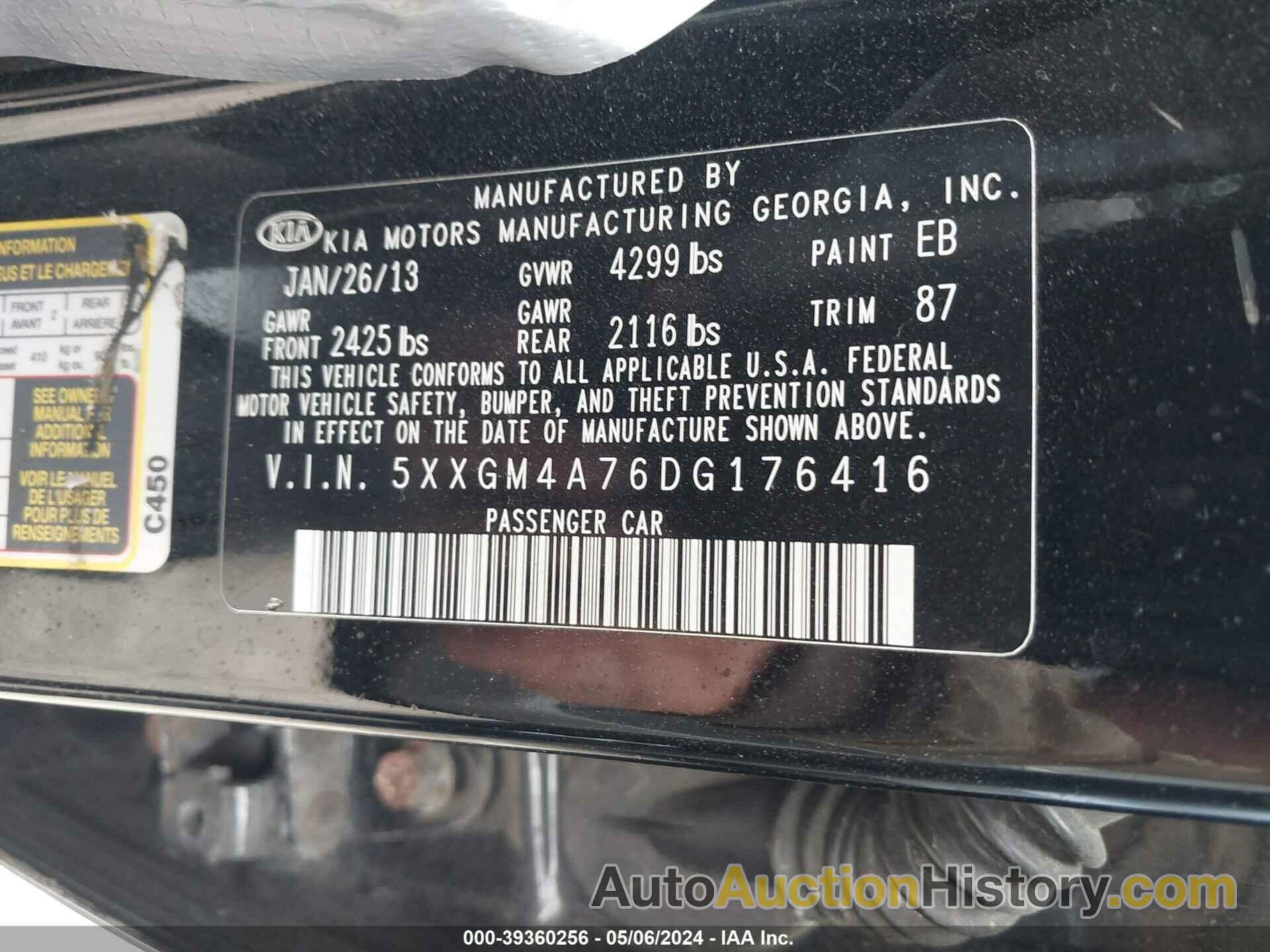 KIA OPTIMA LX, 5XXGM4A76DG176416