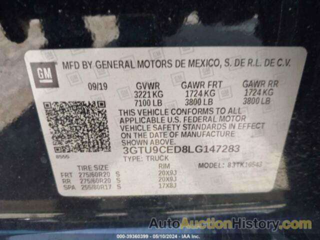 GMC SIERRA 1500 4WD  SHORT BOX ELEVATION, 3GTU9CED8LG147283