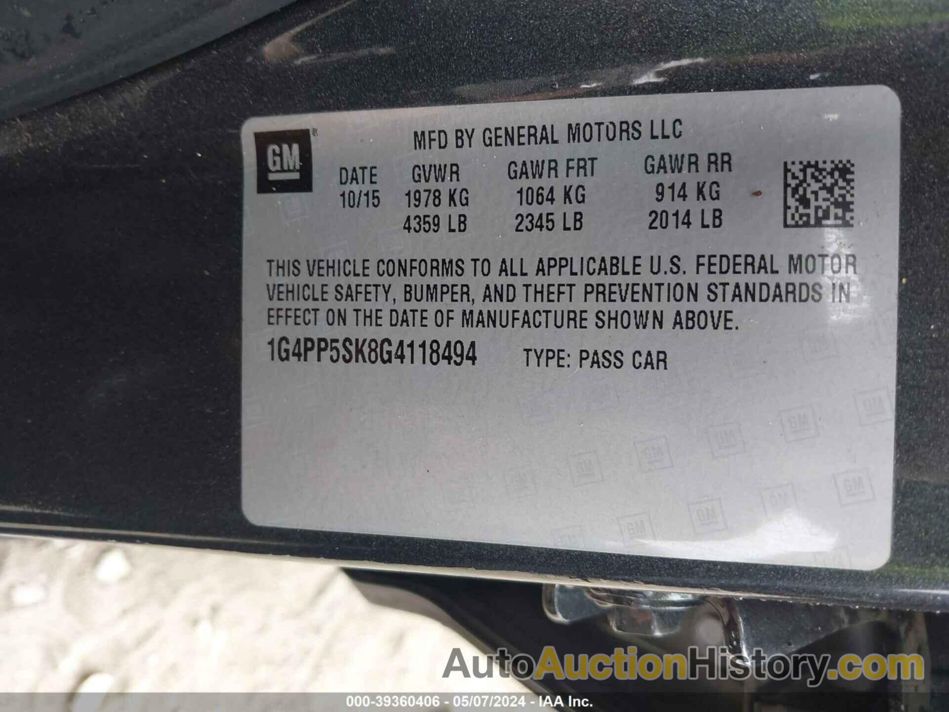 BUICK VERANO, 1G4PP5SK8G4118494