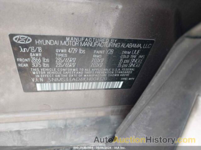 HYUNDAI SANTA FE SEL, 5NMS33AD6KH004320