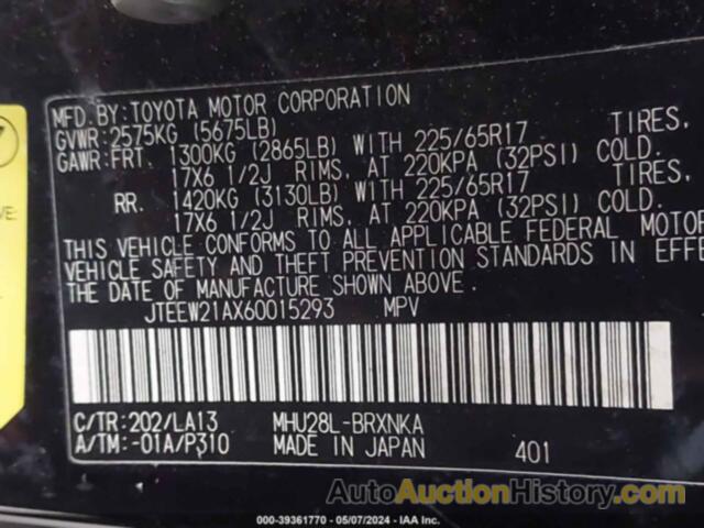 TOYOTA HIGHLANDER HYBRID LIMITED V6, JTEEW21AX60015293