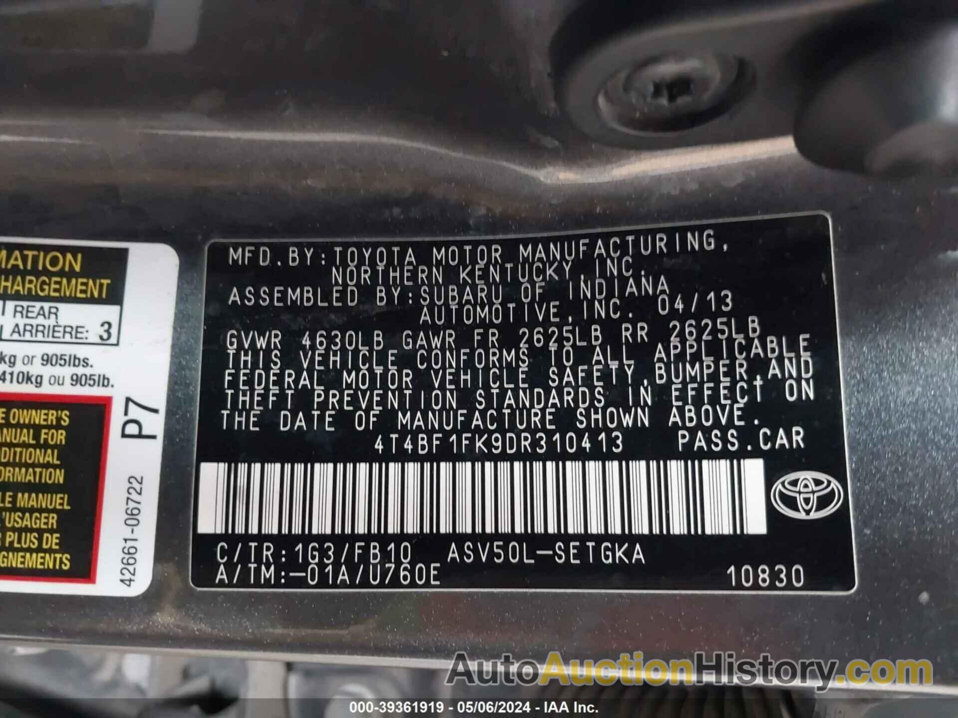 TOYOTA CAMRY XLE, 4T4BF1FK9DR310413