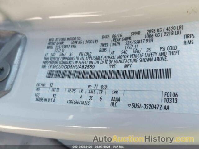 FORD ESCAPE SE, 1FMCU0GD5HUA82589