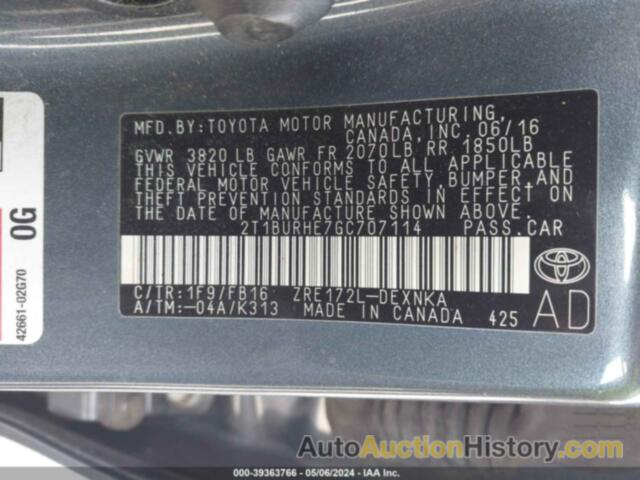 TOYOTA COROLLA LE, 2T1BURHE7GC707114