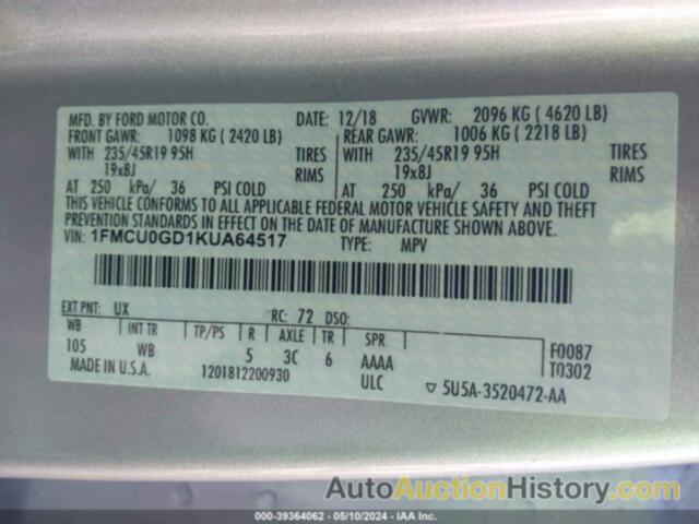 FORD ESCAPE SE, 1FMCU0GD1KUA64517