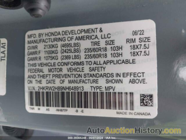 HONDA CR-V AWD EX-L, 2HKRW2H89NH625972