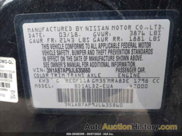 NISSAN SENTRA S/SV/SR/SL, 3N1AB7AP9JL635860