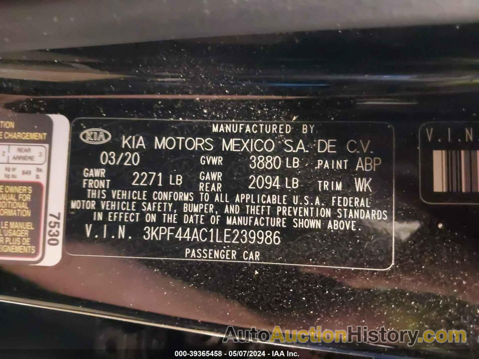 KIA FORTE GT, 3KPF44AC1LE239986