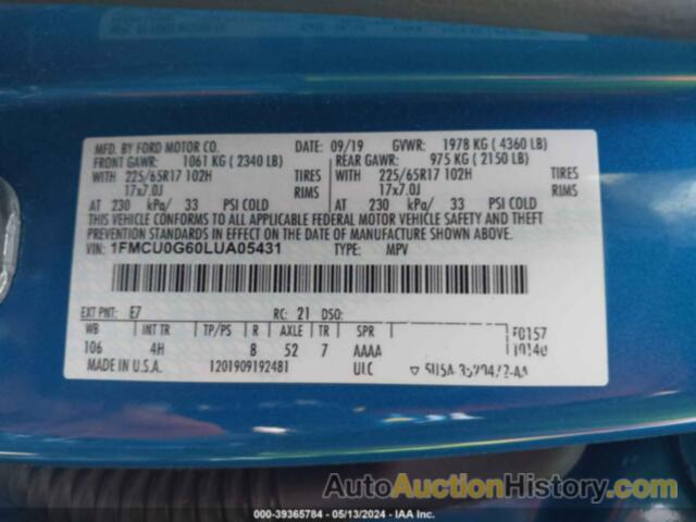 FORD ESCAPE SE, 1FMCU0G60LUA05431