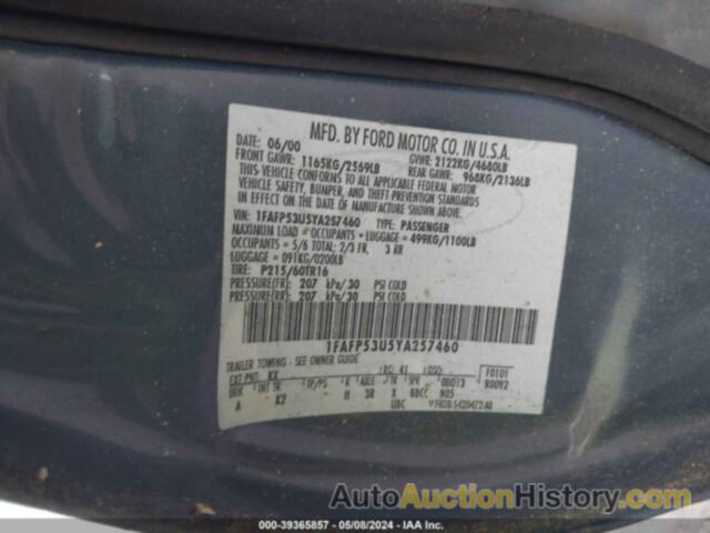 FORD TAURUS SE, 1FAFP53U5YA257460