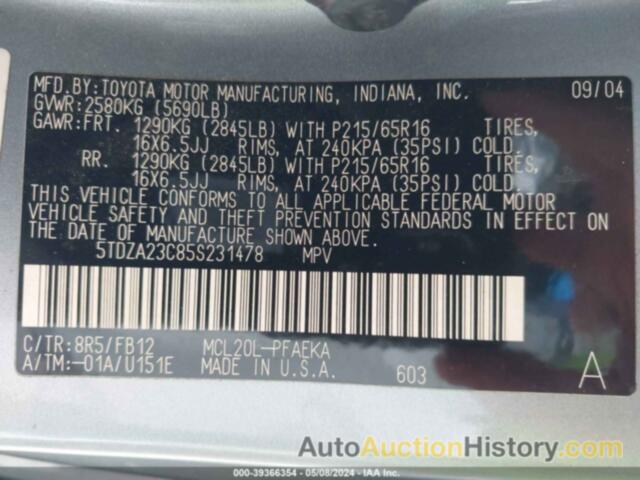 TOYOTA SIENNA LE, 5TDZA23C85S231478