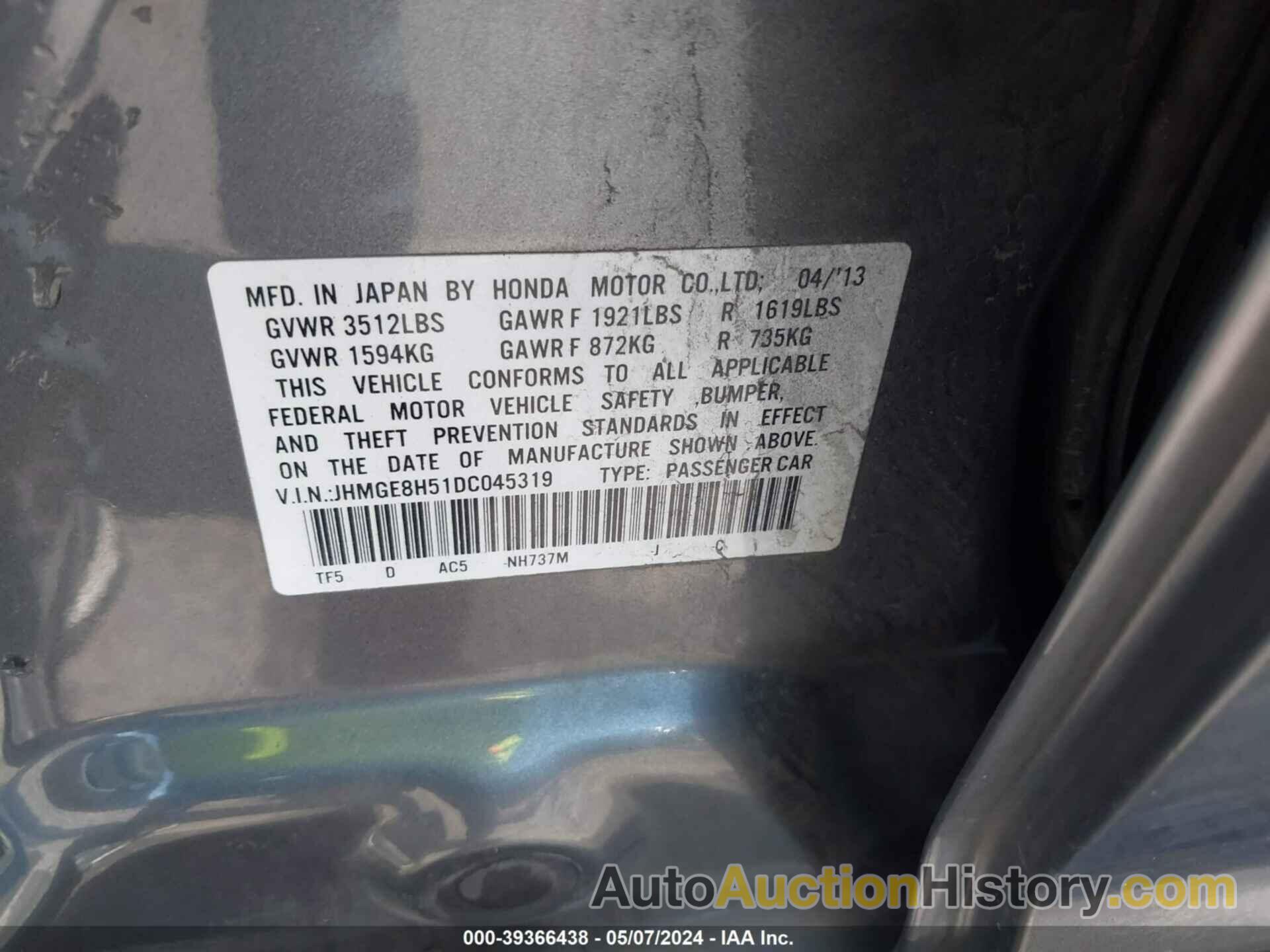 HONDA FIT SPORT, JHMGE8H51DC045319