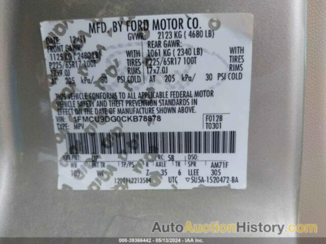 FORD ESCAPE XLT, 1FMCU9DG0CKB78878