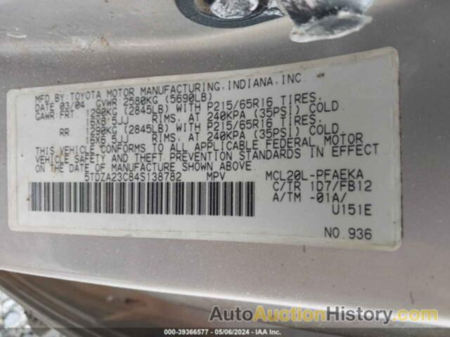 TOYOTA SIENNA LE, 5TDZA23C84S138782