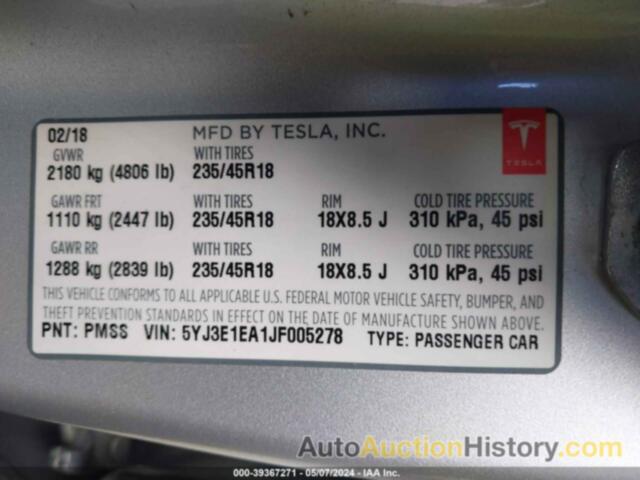 TESLA MODEL 3 LONG RANGE/MID RANGE, 5YJ3E1EA1JF005278