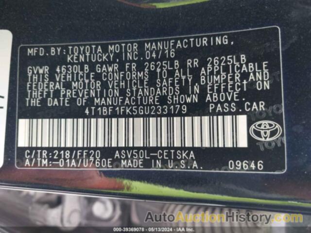 TOYOTA CAMRY LE/XLE/SE/XSE, 4T1BF1FK5GU233179