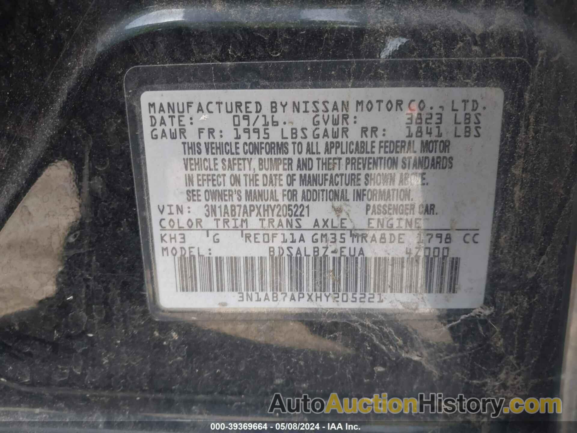 NISSAN SENTRA S, 3N1AB7APXHY205221