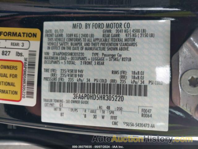 FORD FUSION SE, 3FA6P0HD5HR305220