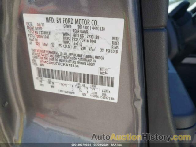 FORD ESCAPE XLT, 1FMCU0D7XCKA15134