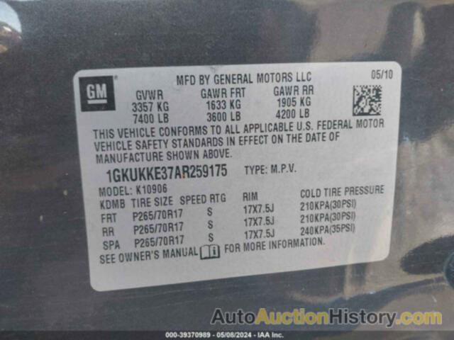 GMC YUKON XL K1500 SLT, 1GKUKKE37AR259175