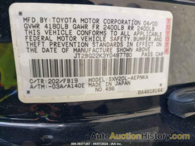 TOYOTA CAMRY LE, JT2BG22K3Y0487780