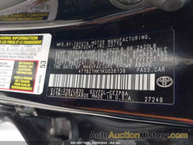 TOYOTA CAMRY XSE/XLE, 4T1BZ1HK1KU026138