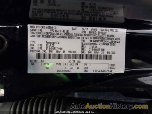 FORD FOCUS SEL, 1FADP3M24HL269824