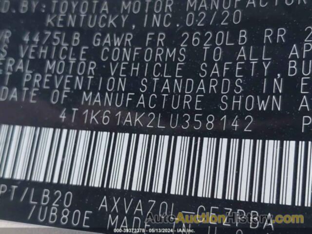 TOYOTA CAMRY XSE, 4T1K61AK2LU358142