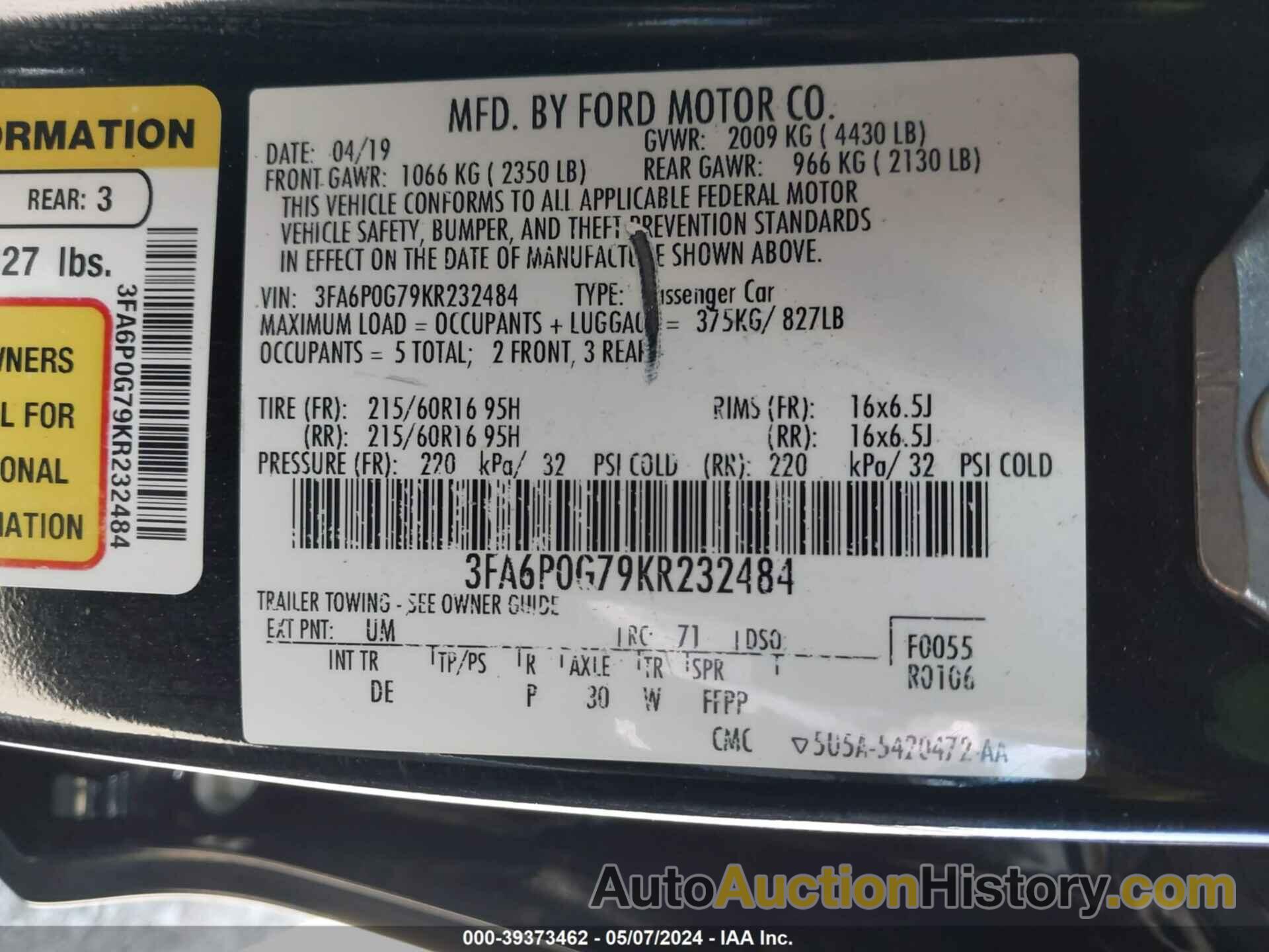 FORD FUSION S, 3FA6P0G79KR232484