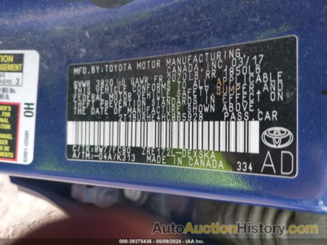 TOYOTA COROLLA L/LE/XLE/SE/XSE, 2T1BURHE4HC865928