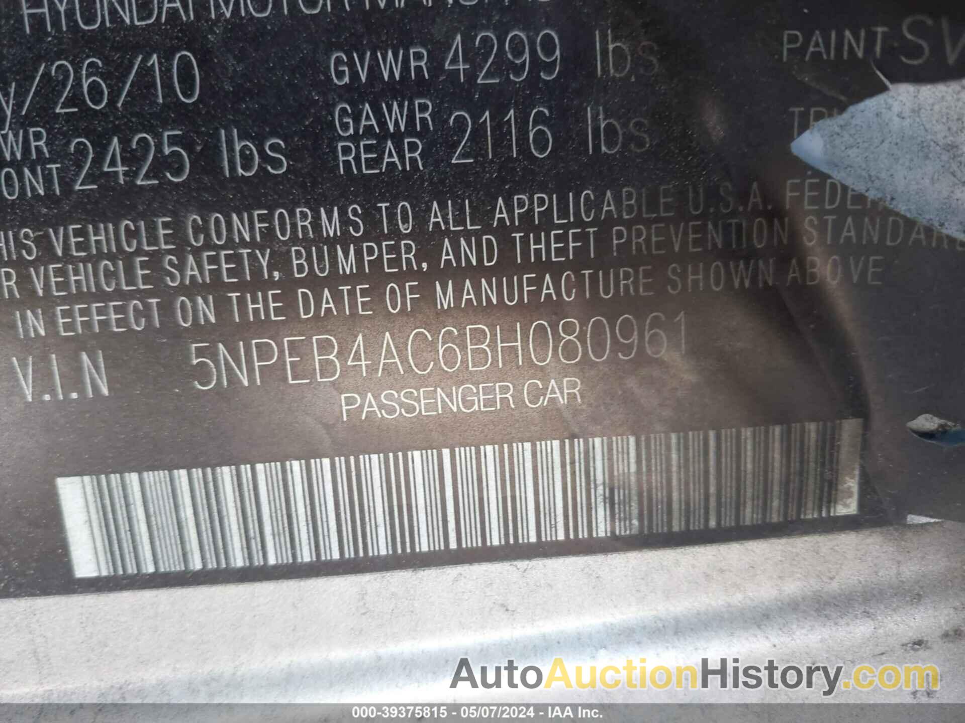 HYUNDAI SONATA GLS, 5NPEB4AC6BH080961