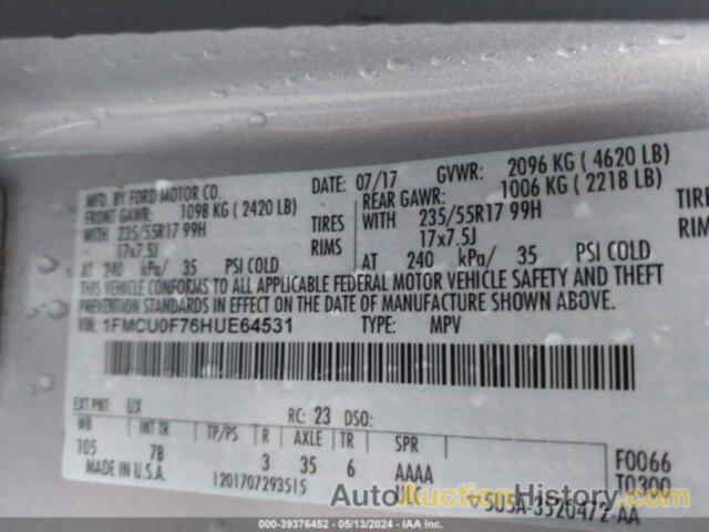 FORD ESCAPE S, 1FMCU0F76HUE64531