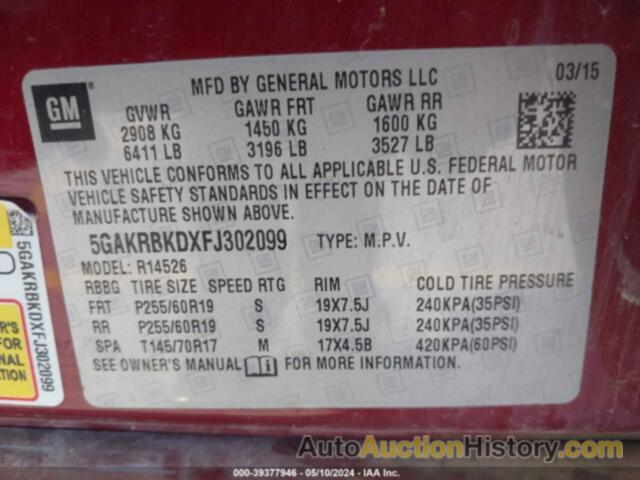 BUICK ENCLAVE, 5GAKRBKDXFJ302099