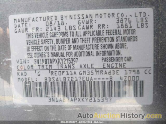 NISSAN SENTRA S, 3N1AB7APXKY215397