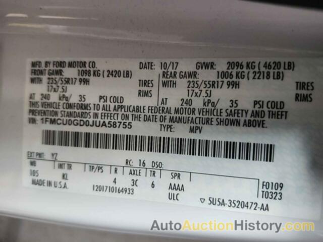 FORD ESCAPE SE, 1FMCU0GD0JUA58755