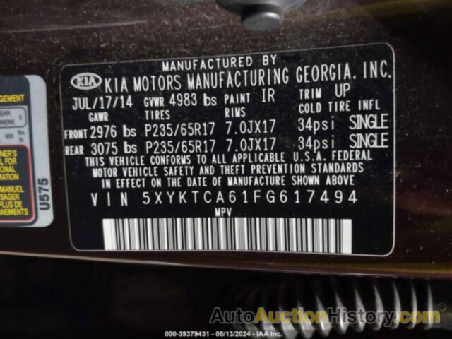 KIA SORENTO LX, 5XYKTCA61FG617494