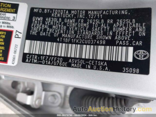 TOYOTA CAMRY SE/LE/XLE, 4T1BF1FK2CU037498