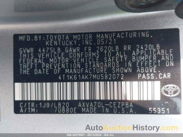 TOYOTA CAMRY XSE, 4T1K61AK7MU582072