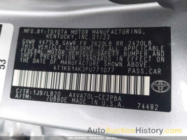 TOYOTA CAMRY XSE, 4T1K61AK3PU771077